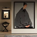 Seated Figure Portrait Painting With Striped Cloak In Framed Wall Art Interior