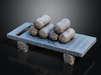 Natural Wooden Platform Featuring Stacked Stone Rolls And Solid Stone Legs Design 3d model