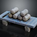 Natural Wooden Platform Featuring Stacked Stone Rolls And Solid Stone Legs Design