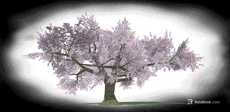 Pink Blossom Tree With Wooden Trunk And Green Grass On Gray Background 3d model 
