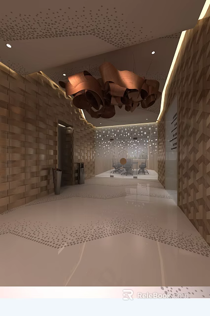 Elevator Lobby With Textured Walls Sculptural Ceiling Decor Ambient Lighting Patterned Floor And Seating Area 3d model 