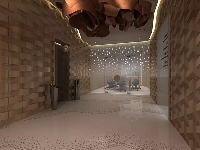 Elevator Lobby With Textured Walls Sculptural Ceiling Decor Ambient Lighting Patterned Floor And Seating Area 3d model
