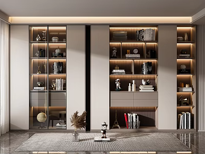 Elegant Modern Bookcase with Layered Shelves Built-in Lighting Books and Decorative Items 3d model
