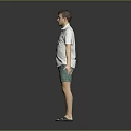 Man In White Short Sleeve Shirt Green Shorts Black Sandals Standing Against Gray Background Arms Outstretched