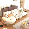 Cozy Cream Three Seater Sofa With Padded Seats Colorful Cushions Throw Blanket And Wooden Legs