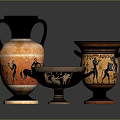 Ancient Greek Vessels With Black Orange Figural Patterns And Various Shapes