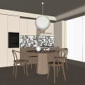 Modern Restaurant Interior With Wooden Dining Table Woven Chairs Pendant Light And Patterned Backsplash