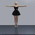 Blonde Woman Posing in Black Strapless Dress Black Stockings High Heels Arms Outstretched Reflective Floor