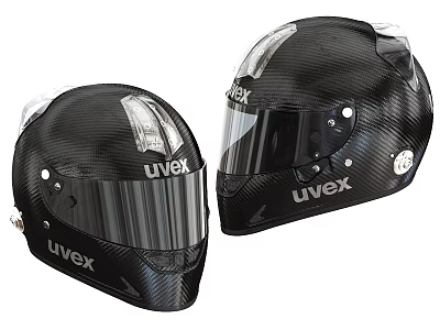 Two Uvex Carbon Fiber Helmets with Transparent Visors and Black Design 3d model