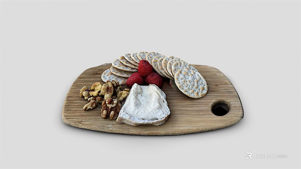 Appetizing Brie Cheese Platter With Crackers Strawberries Walnuts On Wooden Board 3d model 