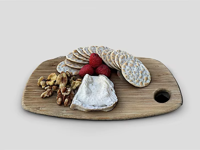 Appetizing Brie Cheese Platter With Crackers Strawberries Walnuts On Wooden Board 3d model