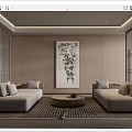 Hotel Public Lounge Area with Wooden Walls Beige Sofas Round Coffee Table And Decorative Painting