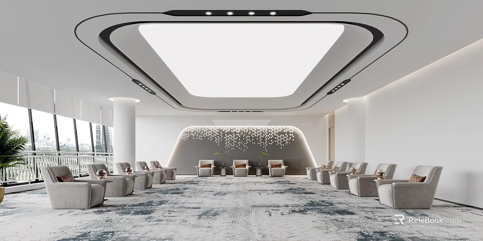 Spacious Hotel Public Lounge Interior With Modern Lighting Patterned Carpet And Comfortable Seating 3d model