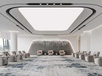 Spacious Hotel Public Lounge Interior With Modern Lighting Patterned Carpet And Comfortable Seating 3d model