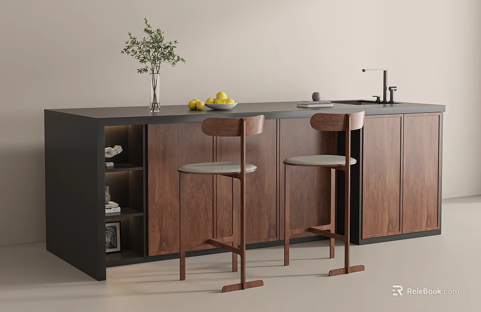 Modern Bar Counter Featuring Wooden Cabinets Black Countertop Green Plant Yellow Fruits And Bar Stools 3d model 