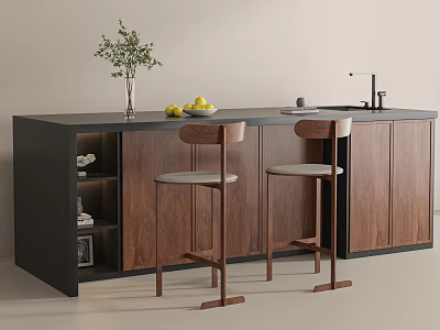 Modern Bar Counter Featuring Wooden Cabinets Black Countertop Green Plant Yellow Fruits And Bar Stools 3d model