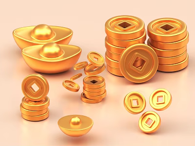 Golden Stacked Gold Ingots And Coins With Various Arrangements And Shapes 3d model