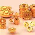 Golden Stacked Gold Ingots And Coins With Various Arrangements And Shapes