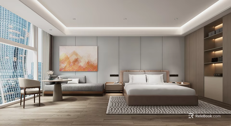 Modern Spacious Hotel Guest Room With King Bed Gray Walls Wooden Flooring And Abstract Painting 3d model 