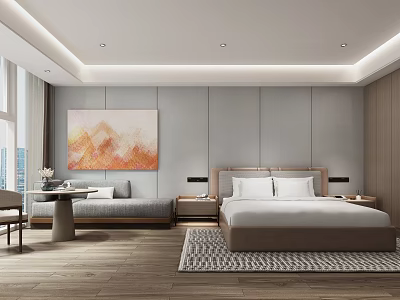 Modern Spacious Hotel Guest Room With King Bed Gray Walls Wooden Flooring And Abstract Painting 3d model
