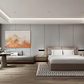 Modern Spacious Hotel Guest Room With King Bed Gray Walls Wooden Flooring And Abstract Painting
