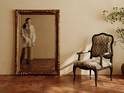 Vintage Gold Carved Frame Mirror in Room with Antique Armchair and Wooden Parquet Floor 3d model