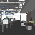 Modern Public Office Workspace With Desks Computers Circular Lights Geometric Walls And Lounge Seating