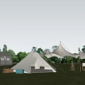 White Canvas Camping Tents In Outdoor Grassland With Pyramid Shape And Trees