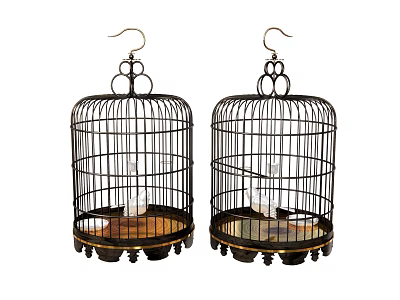 Vintage Style Decorative Birdcage Ornament Set With Metal Frame And Wooden Base 3d model