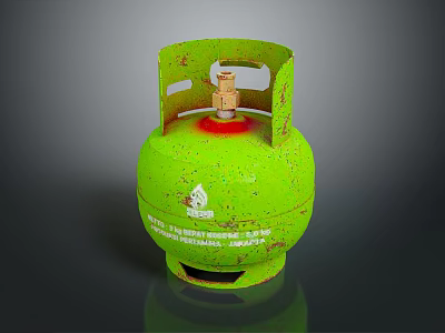 Green Rusty LPG Cylinder With Top Valve Warning Label On Dark Background 3d model