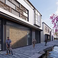 Modern Commercial Pedestrian Street With Traditional Architecture Outdoor Seating Greenery And Stone Paved Walkway