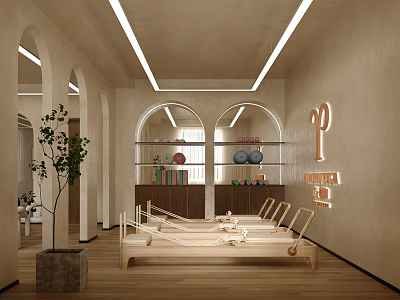 Pilates Fitness Studio Interior With Arched Design Wooden Flooring Green Plant 3d model