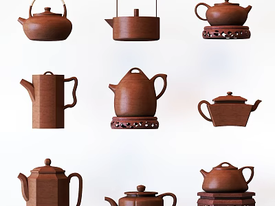 Traditional Ceramic Teaware Collection With Various Teapot Designs And Stands 3d model