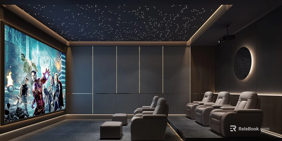 Modern Home Theater With Starry Ceiling Large Screen And Comfortable Seats 3d model