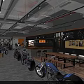 Modern Motorcycle Showroom Interior With Multiple Motorcycles Tables Chairs And Wall Decorations