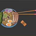 Delicious Ramen Bowl With Noodles Egg Vegetables In Blue Bowl And Chopsticks