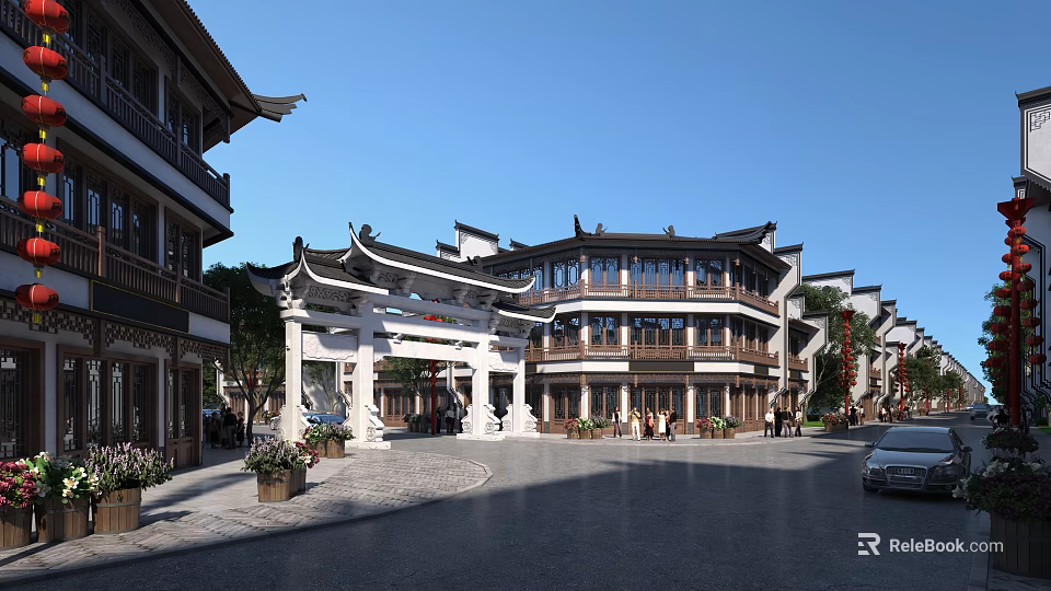 Traditional Chinese Commercial Street Featuring Archway and Stone Paved Square with Shops and Antique Buildings 3d model 