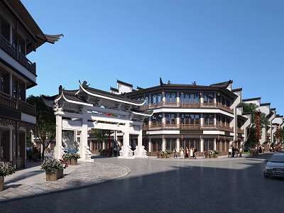 Traditional Chinese Commercial Street Featuring Archway and Stone Paved Square with Shops and Antique Buildings 3d model