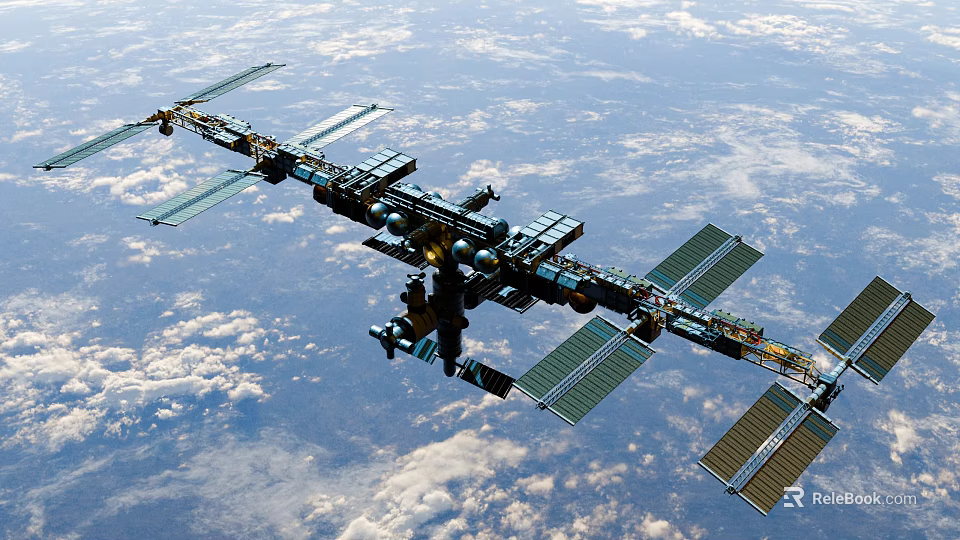 International Space Station With Solar Panels Orbiting Earth Atmosphere 3d model
