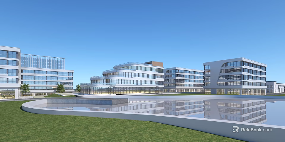 Modern Office Buildings With Glass Curtain Walls Water Pool And Grass Lawn 3d model 