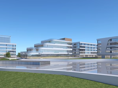 Modern Office Buildings With Glass Curtain Walls Water Pool And Grass Lawn 3d model