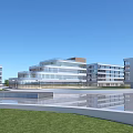 Modern Office Buildings With Glass Curtain Walls Water Pool And Grass Lawn