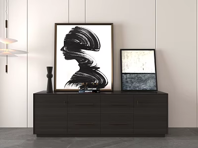Dark Wood Sideboard Adorned with Artwork Vase and Decorative Pieces on Light Wall 3d model