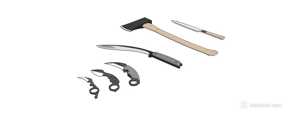 Different Types of Weapons Featuring Axe Knife Machete and Claw Knives 3d model 