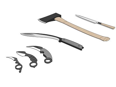 Different Types of Weapons Featuring Axe Knife Machete and Claw Knives 3d model