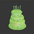 Colorful Three Tier Birthday Cake with Candles and Cactus Decorations on Black Background