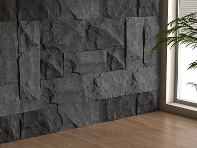 Gray Stone Background Wall with Wooden Floor Near Window and Green Plant 3d model