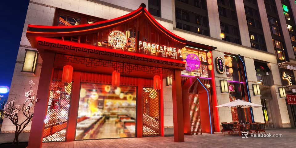 Chinese Style Teppanyaki Restaurant Storefront With Red Lanterns And Traditional Architecture 3d model 