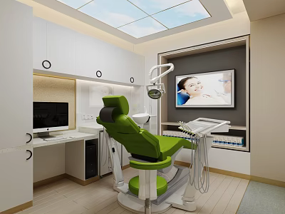 Modern Dental Clinic Interior With Green Chair White Cabinets Skylight And TV Screen 3d model