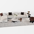 Modern L Shaped Sofa and Round Coffee Table Set With Decorative Pillows and Patterned Rug 3d model